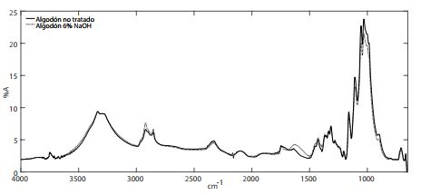  FTIR de fibras de algodón
con y sin tratamiento químico