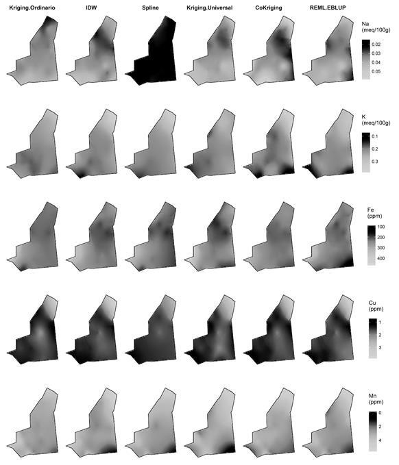 Distribución espacial de valores interpolados por propiedad del suelo y técnica de interpolación (parte 2)