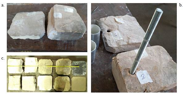 a. Dos tipos diferentes de estratos con variación apreciable de espesor, b. Estratos con perforación para guía de ondas colocada, c. Diferentes estratos utilizados para ensamblar las probetas (arenisca, caliza y pizarra) y su tallado para montaje dentro de cada probeta