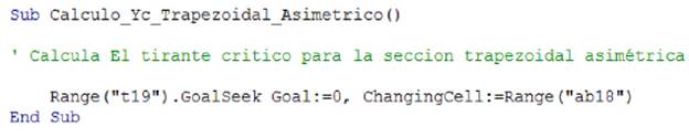 Visual code (Excel). Iteration for Yc calculation. (Asymmetric trapezoidal channel)