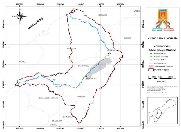 Mapa de calidad de agua de la zona de estudio según BMWP/col 