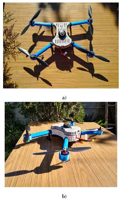 Assembled drone. (a) Top view. (b) Side view