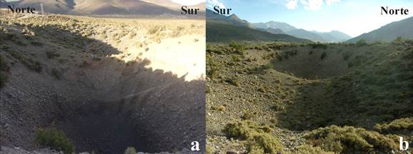 a) Vista este de dolinas N.° 4 y 5. b) Vista oeste de dolinas N.° 4 y 5, pozo de Las Animitas