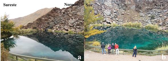 a) y b) Vistas lateral y frontal de dolina N.º 6 laguna de La Niña Encantada