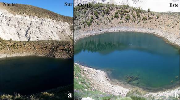 a) Vista frontal de dolina aislada N.º 8 con afloramientos de yeso en sus inmediaciones. b) Vista frontal de dolinas aisladas (uvala) N.º 14 y 15.