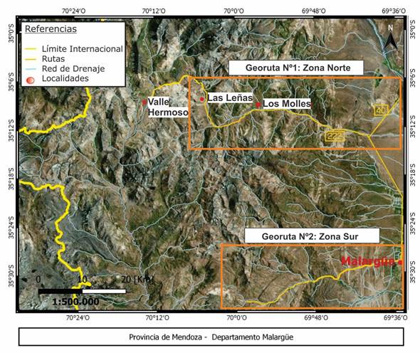 Mapa de ubicación del área de trabajo con las 2 georrutas propuestas enmarcadas en color naranja