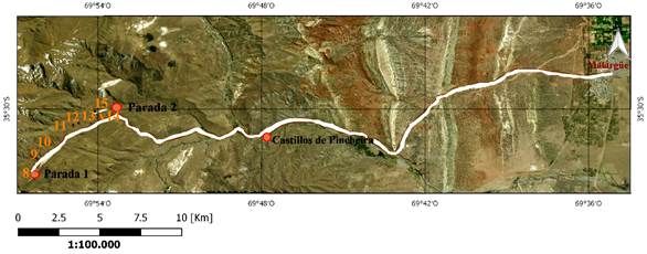 Georruta N.° 2 en camino a Castillos de Pincheira en zona sur, con paradas (geositios) y dolinas enumeradas de 8 a 15