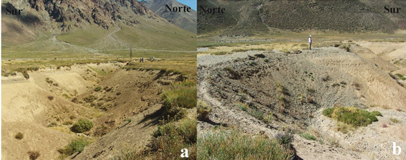 a) Vista frontal de Parada N.° 1, canyon karst. b) Acercamiento de una de las dolinas que lo conforman