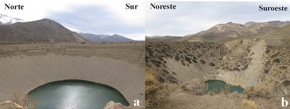 a) Vista frontal de dolina N.° 2, pozo de Las Ánimas. b) Vista frontal de dolina N.° 3, pozo de Las Ánimas