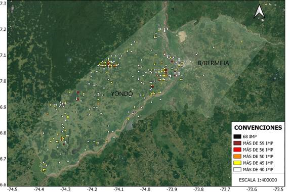 Sitios con mayor cantidad de impactos de rayo en los municipios de Barrancabermeja y Yond&oacute;