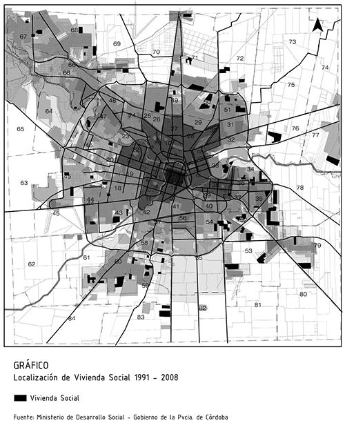Localizaci&oacute;n de vivienda social en C&oacute;rdoba 1991-2008.