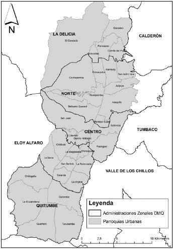 Mapa de las parroquias urbanas y las administraciones zonales de Quito.