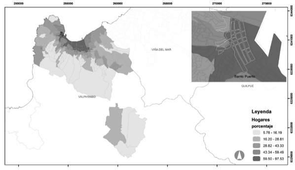 Mapa porcentaje de hogares que habitan una vivienda arrendada. Censo 2012. Comuna de Valpara&iacute;so