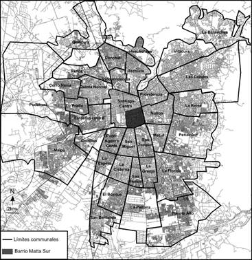 Ubicaci&oacute;n del barrio Matta Sur en Santiago de Chile.