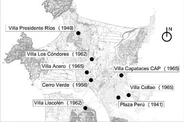 Plano ubicación conjuntos habitacionales de CAP en la intercomuna de Concepción. Fuente: Plano de Pablo Fuentes Hernández, (dibujo de Pablo Miranda).