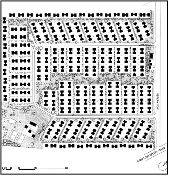 Villa Capataces CAP, 1965. Arquitectos: Santiago Roi y Ricardo Hempel. Fuente: Plano de Pablo Fuentes Hernández (dibujo de Pablo Miranda).