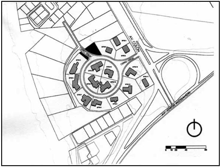 Cerro Verde, 1956. Arquitectos: Eckart Lengerich, loteo. Fuente: Plano de Pablo Fuentes Hernández (dibujo de C. Bordones y Hwa Ye Qiu).
