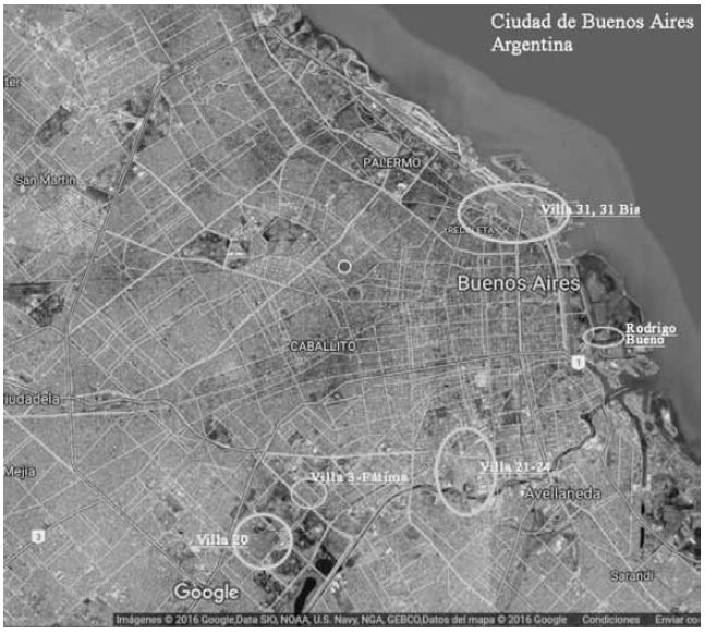 Localizaci&oacute;n de casos de estudio. Villas 31 y 31 bis, 3 (Villa F&aacute;tima), 20, 21-24 y Rodrigo Bueno. CABA. Fuente: Elaboraci&oacute;n propia en base a Google Maps.