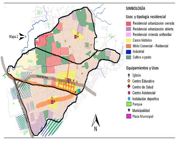 Mapa 2, esquema de usos del suelo y características de ámbitos residenciales en el cantón de Flores