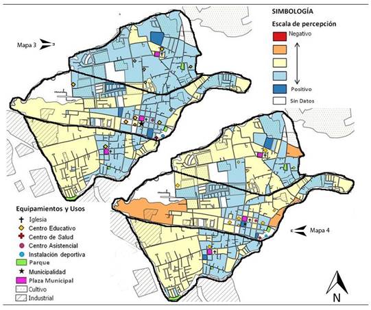 Distribución de escalas de percepción de la calidad del entorno residencial en el cantón de Flores. Mapa 3: Distribución de la percepción relativa a la escala “característica arquitectónicas y de forma urbana”. Mapa 4: Distribución de la percepción relativa a la escala “movilidad y conectividad”