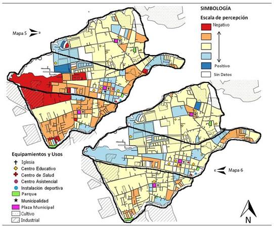 Distribución de escalas de percepción de la calidad del entorno residencial en el cantón de Flores. Mapa 5: Distribución de la percepción relativa a la escala “áreas verdes”. Mapa 6: Distribución de la percepción relativa a la escala “características socio-relacionales”