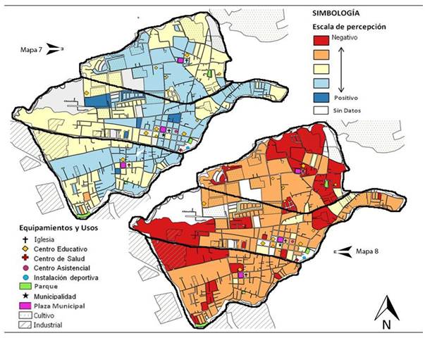 Distribución de escalas de percepción de la calidad del entorno residencial en el cantón de Flores. Mapa 7: Distribución de la percepción relativa a la escala “servicios sociales”. Mapa 8: Distribución de la percepción relativa a la escala “servicios recreativos”