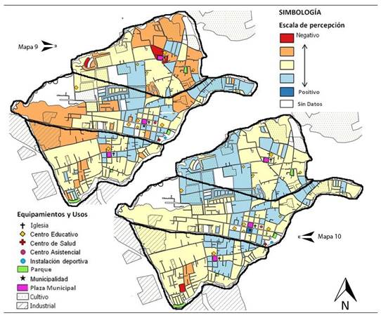 Distribución de escalas de percepción de la calidad del entorno residencial en el cantón de Flores. Mapa 9: Distribución de la percepción relativa a la escala “servicios comerciales”. Mapa 10: Distribución de la percepción relativa a la escala “ritmo de vida”