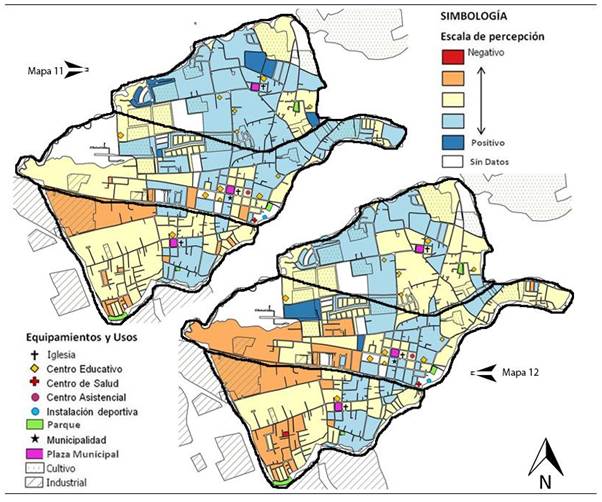 Distribución de escalas de percepción de la calidad del entorno residencial en el cantón de Flores. Mapa 11: Distribución de la percepción relativa a la escala “salud ambiental”. Mapa 12: Distribución de la percepción relativa a la escala “mantenimiento”