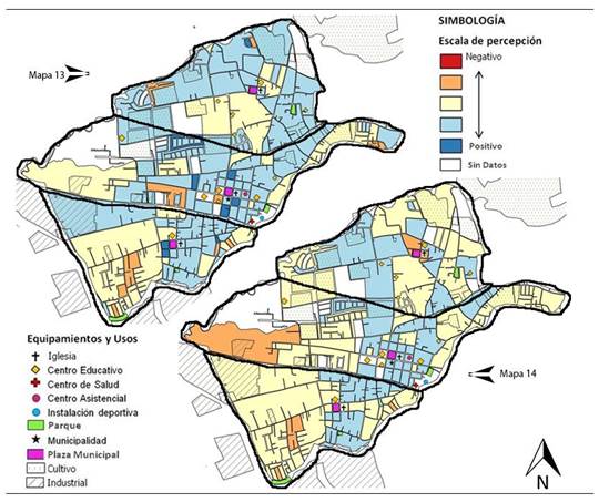 Distribución de escalas de percepción de la calidad del entorno residencial en el cantón de Flores. Mapa 13: Distribución de la percepción relativa a la escala “apego al lugar”. Mapa 14: Distribución de la percepción relativa a la escala “general”