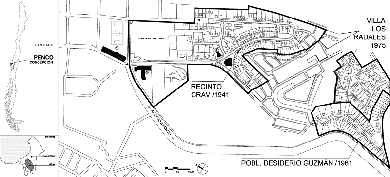 Planta general Conjunto CRAV-Penco con las poblaciones Recinto CRAV (1940); Desiderio Guzm&aacute;n (1961) y Villa Los Radales (1975)