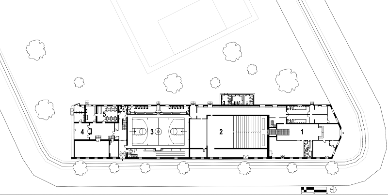Edificio de equipamientos: 1) Foyer y administraci&oacute;n; 2) Cine-teatro; 3) Gimnasio / camarines; 4) Biblioteca; 5) Casino-comedor