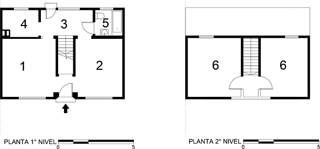 Viviendas para empleados.1) Comedor; 2) Estar; 3) Cocina; 4) Lavander&iacute;a; 5) Ba&ntilde;os; 6) Dormitorio.