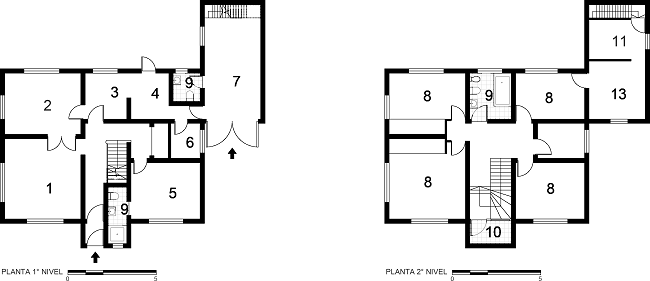 Vivienda para jefes y altos rangos. 1) Estar; 2) Comedor; 3) Cocina; 4) Comedor diario; 5) Sala estudio; 6) Lavander&iacute;a; 7) Garage; 8) Dormitorio; 9) Ba&ntilde;o; 10) Balc&oacute;n; 11) Dormitorio servicio; 12) Caldera; 13) Despensa