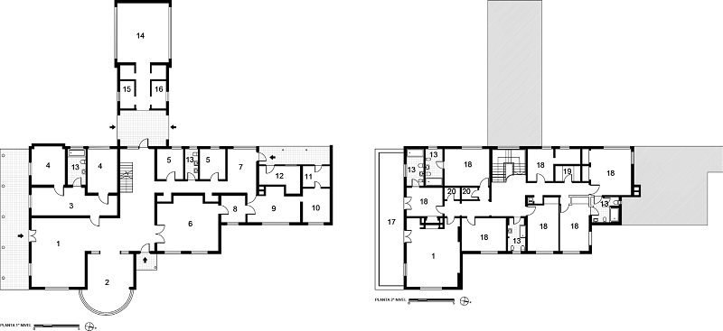 Vivienda de la gerencia. 1) Estar familiar; 2) Sala estudio; 3) Estar visita; 4) Dormitorio visita; 5) Dormitorio servicio; 6) Comedor; 7) Comedor servicio; 8) Despensa; 9) Cocina; 10) Lavander&iacute;a; 11) Bodega; 12) Caldera; 13) Ba&ntilde;o; 14) Capilla; 15) Sacrist&iacute;a; 16) Confesionario; 17) Terraza; 18) Dormitorio; 19) Planchado; 20) Ropas