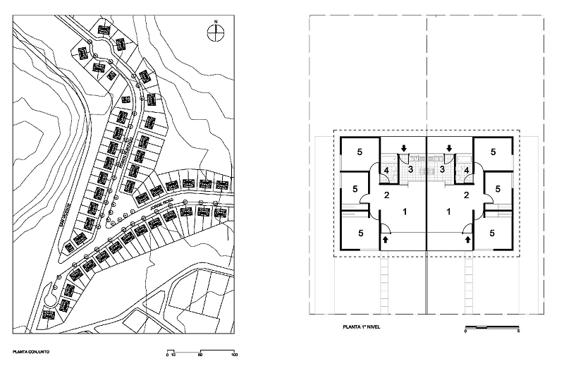 Poblaci&oacute;n Desiderio Guzm&aacute;n. Planta de conjunto y planta viviendas. 1) Estar; 2) Comedor; 3) Cocina; 4) Ba&ntilde;o; 5) Dormitorio