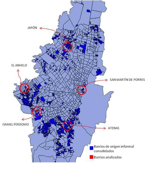 Localizaciónde los barrios. Fuente: Elaboración propia con datos de la Secretaría Distrital de Planeación de Bogotá (SDP).