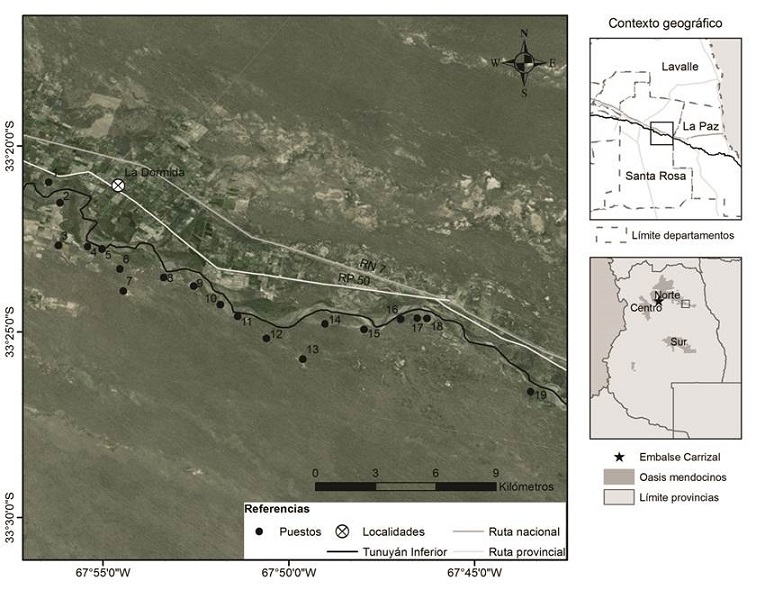 Elementos estructurantes del territorio y distribución de los puestos en el área de estudio. Fuente: Elaboración propia, en base a datos relevados en campo, SIG 250 IGN, Nodo Científico OTM IADIZA - CCT Mendoza y World Imagery (2017). Año 2017.