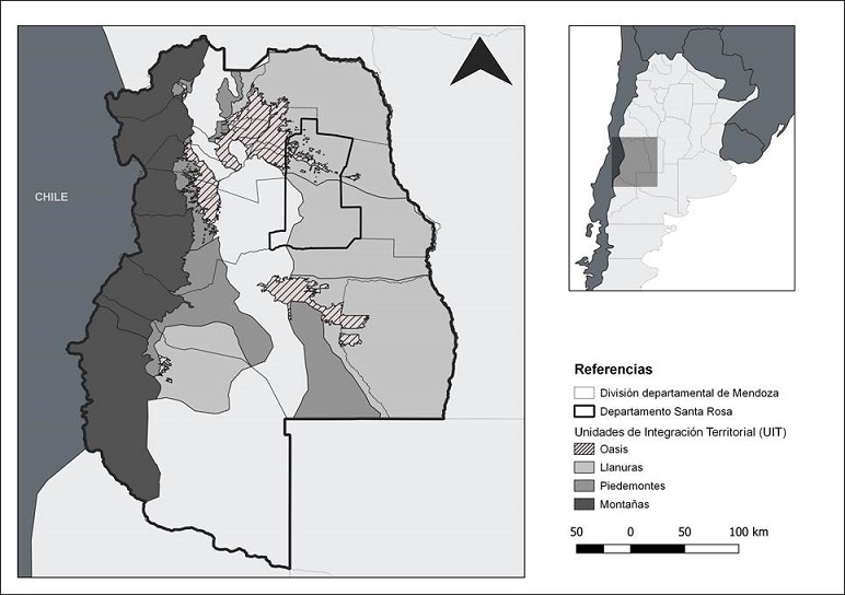 Unidades de Integración Territorial (UIT) definidas para la provincia de Mendoza. Se destacan las UIT correspondientes al área de influencia del caso seleccionado. Fuente: Elaboración propia en base a SIAT (APOT), LADyOT (CCT - CONICET), Instituto CIFOT (FFyL, UNCuyo). Año 2019.