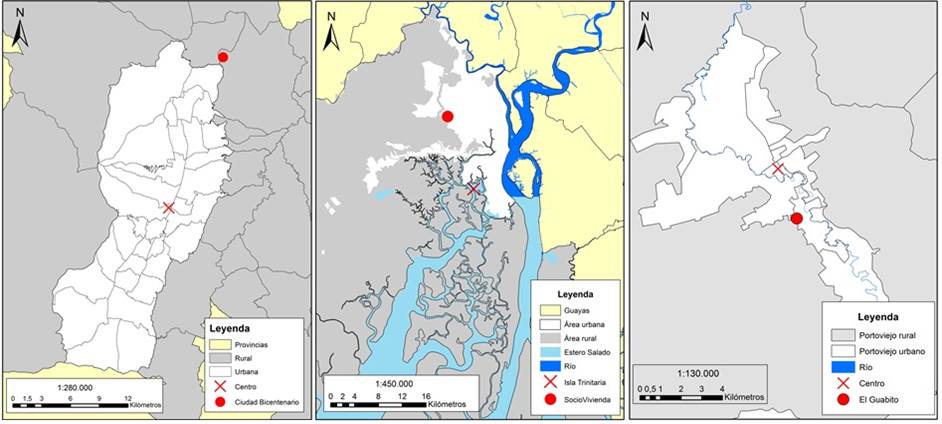 Mosaico de los mapas de ubicación tres casos. (a) Quito (b) Guayaquil (c) Portoviejo. Fuente: Elaboración propia en base a coberturas del SNI
