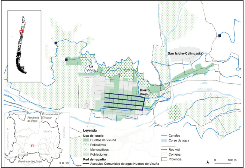La ciudad de Vicu&ntilde;a y sus alrededores en la provincia de Elqui. Fuente: elaboraci&oacute;n propia con software Qgis. Datos: Programa PROMUS y BCN. SRC: EPSG:3857 - WGS 84.