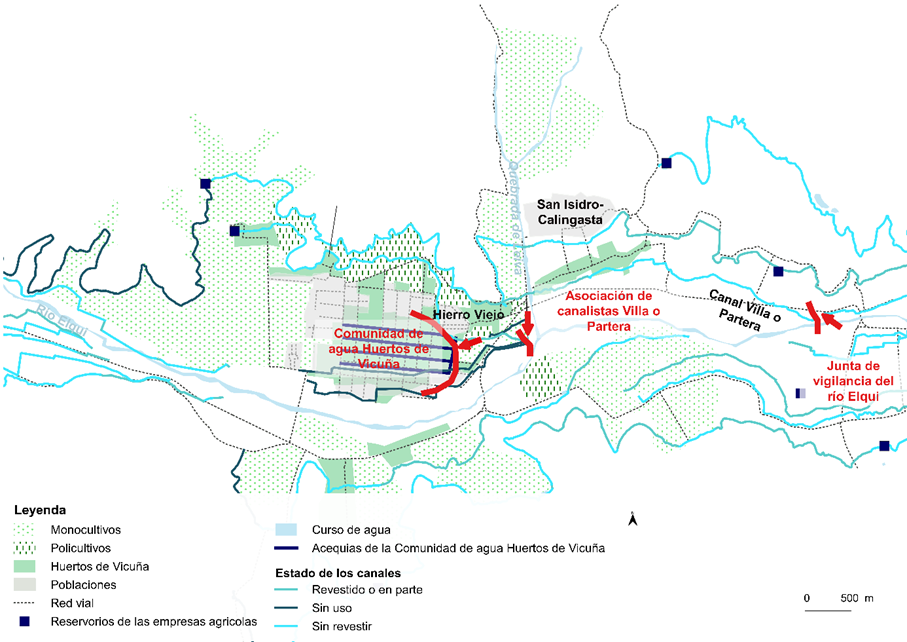 La dimensi&oacute;n espacial de las relaciones jer&aacute;rquicas entre organizaciones de usuarios del agua en Vicu&ntilde;a. Fuente: Elaboraci&oacute;n propia con software Qgis. Fuente: Programa PROMUS y BCN SRC: EPSG:3857 - WGS 84.
