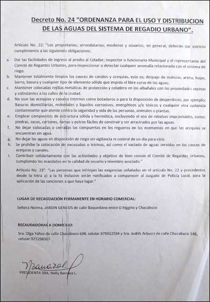 Ordenanza municipal para el uso y distribuci&oacute;n de las aguas del sistema de regad&iacute;o urbano. Fuente: elaboraci&oacute;n propia.