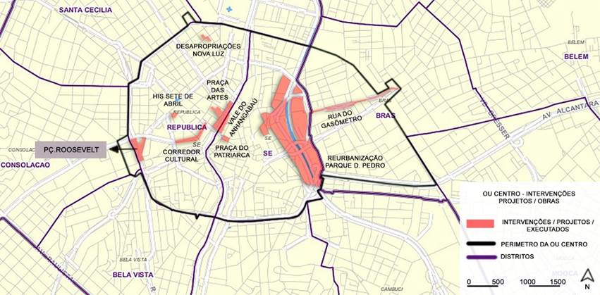 Per&iacute;metro da Opera&ccedil;&atilde;o Urbana Centro e articula&ccedil;&atilde;o das interven&ccedil;&otilde;es empreendidas na &aacute;rea central at&eacute; 2017.