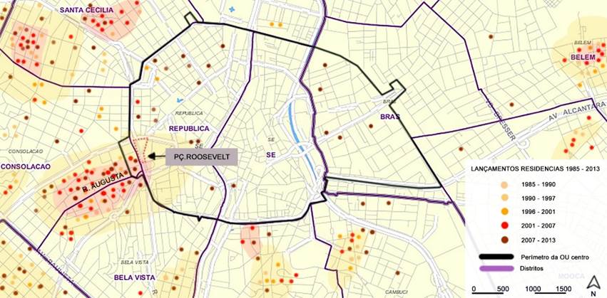 Lan&ccedil;amentos imobili&aacute;rios de uso residencial junto ao per&iacute;metro do centro hist&oacute;rico (no centro do mapa), na chamada &ldquo;coroa do centro&rdquo; entre 1985 e 2013.