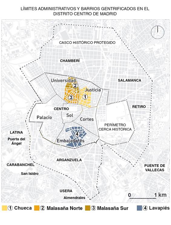 &Aacute;mbitos previamente gentrificados en Madrid. 