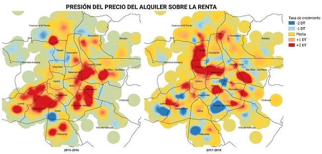 Tasa de incremento anual de la presi&oacute;n del precio del alquiler sobre la renta media por persona (2015-2018).