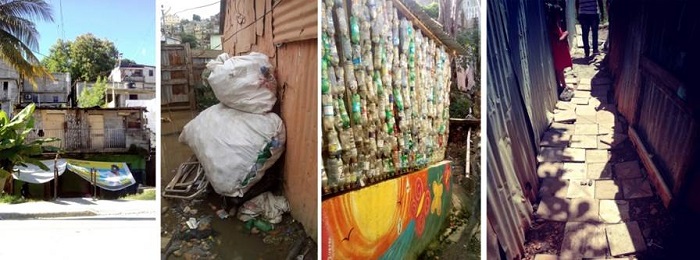 Ejemplos de reuso. De izquierda a la derecha: (1) lienzo publicitario utilizado para cubrir el frente de una casa en el barrio El Libertador, (2) sacos de botellas pl&aacute;sticas para reciclaje en el patio de una casa en el barrio La Ci&eacute;naga, (3) reutilizaci&oacute;n de botellas pl&aacute;ticas para cubrir un puesto de lombricultura en el barrio Los Platanitos y (4) reutilizaci&oacute;n de mosaicos en cemento para ornamentar callej&oacute;n entre una hilera de casas en el barrio La Ci&eacute;naga.