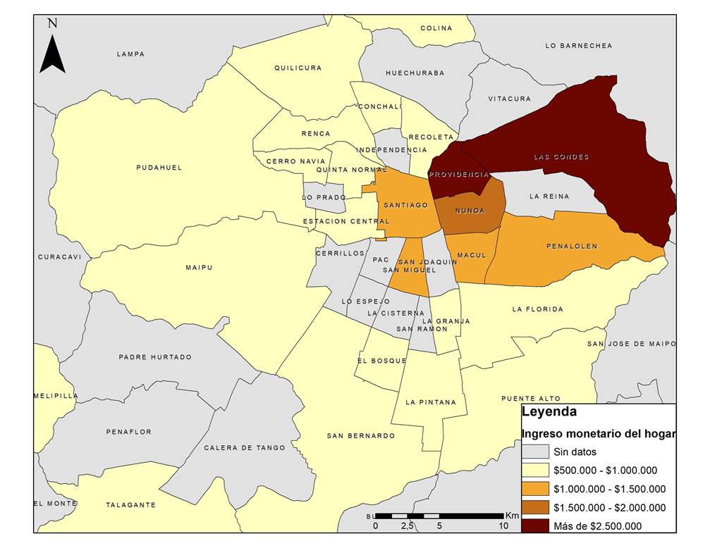 Ingreso promedio monetario del hogar en pesos chilenos por comuna de la Regi&oacute;n Metropolitana.