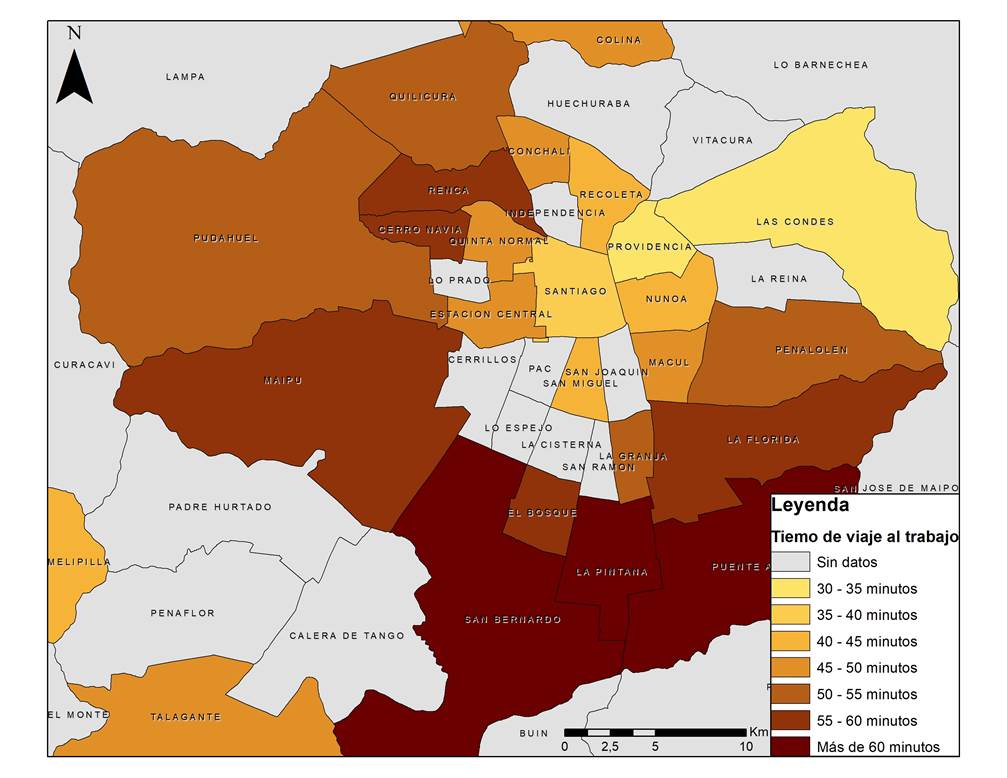 Tiempo de viaje promedio al trabajo en minutos por comuna de la Regi&oacute;n Metropolitana.