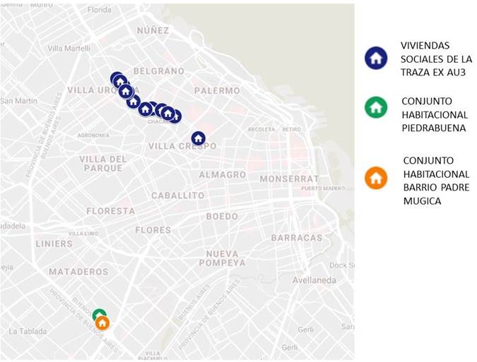 Ubicación de los barrios de vivienda social analizados en la Ciudad de Buenos Aires.